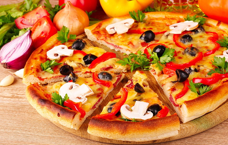 sliced olive pizza, cheese, pieces, tomatoes, paprika, mushrooms, HD wallpaper