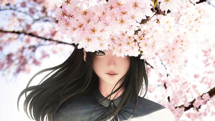 anime, anime girls, cherry blossom, one person, flower, flowering plant