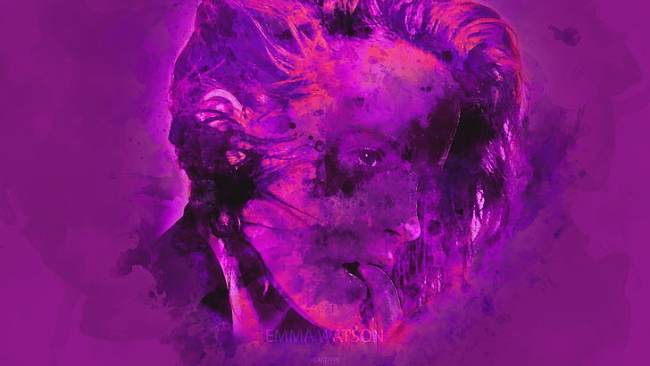 watercolor, Emma Watson, pink, purple, portrait, purple background
