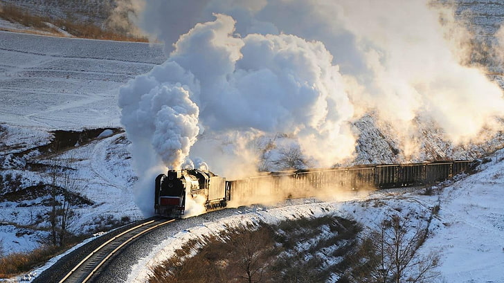black steam engine train, transport, steam locomotive, freight train, HD wallpaper