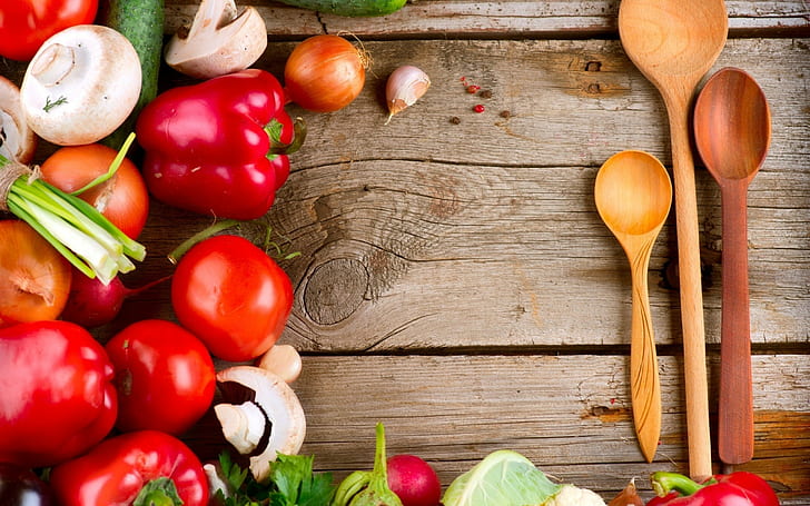 Food, Vegetables, Mushrooms, Peppers, Tomatoes, Spoons, HD wallpaper