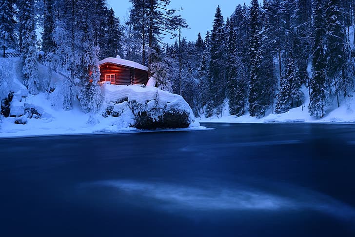 winter, forest, snow, trees, river, hut, Finland, Maxim Evdokimov, HD wallpaper