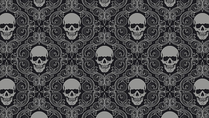 gray and black skull illustration, drawing, texture, pattern
