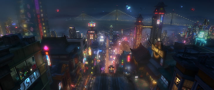 aerial photography of buildings, San Fransokyo, animated movies