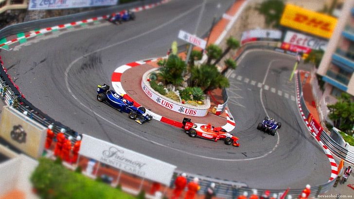 three red and blue racing cars, tilt shift, Monaco, race cars