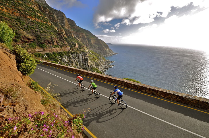 Cape Town, Chapman's Peak, sea, mountains, cycling, road, clouds, HD wallpaper