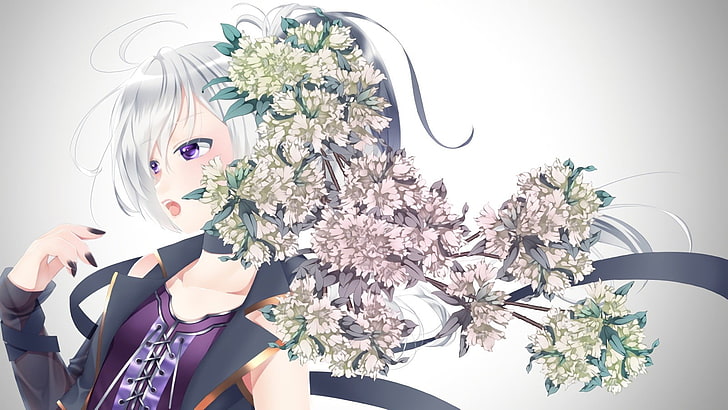 anime, anime girls, short hair, Vocaloid, flowers, white hair, HD wallpaper