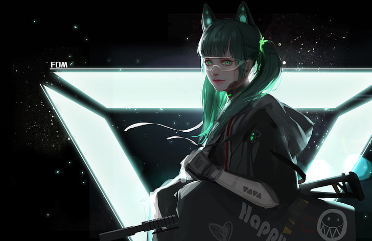 anime girls, neko ears, cat ears, green hair, gun, green eyes, HD wallpaper