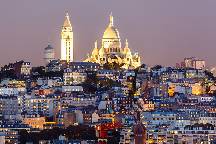 night, lights, France, Paris, home, hill, Montmartre, sacré-Coeur