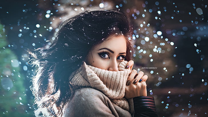 winter, look, snowflakes, background, model, portrait, hands, HD wallpaper
