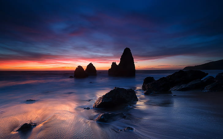 USA, California, ocean, coast, stones, evening, sunset, brown rocks, HD wallpaper