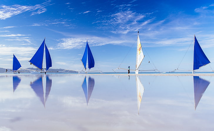 sea, reflection, boats, Philippines, Boracay, paraw, sky, water