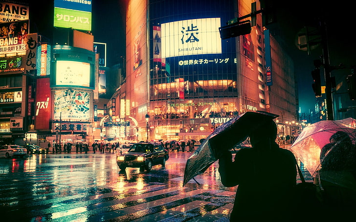 Time Square, New York, city, night, street light, rain, Japan