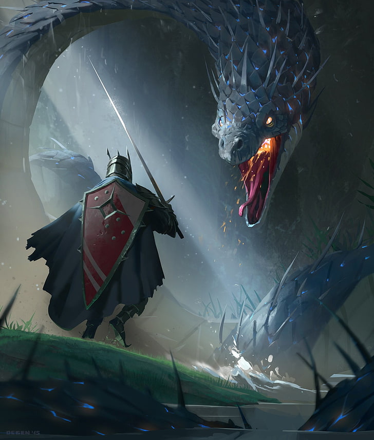 dragon and knight illustration, fantasy art, water, nature, vertebrate, HD wallpaper