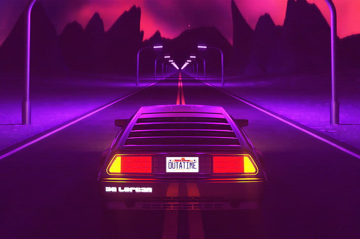 neon, car, vehicle, DeLorean, synthwave