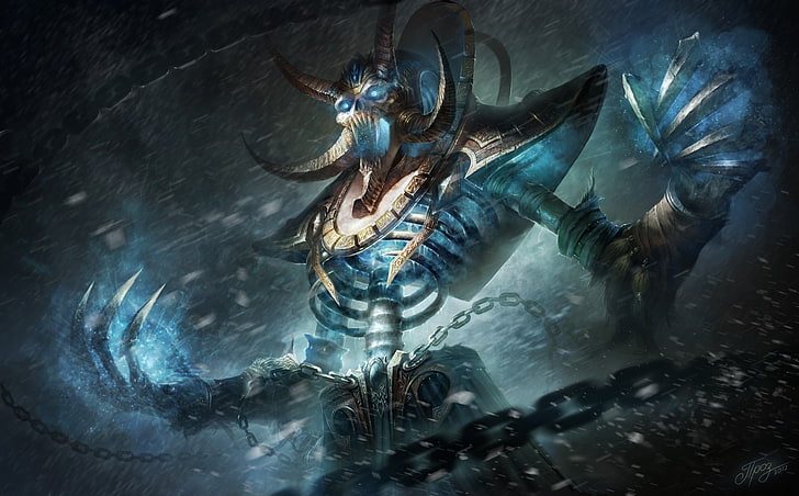 blue and brown skeleton painting, Kel'Thuzad, World of Warcraft: Wrath of the Lich King