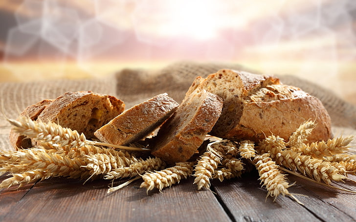 baked breads and wheats, desk, ears, bokeh, slices, food, loaf of Bread, HD wallpaper