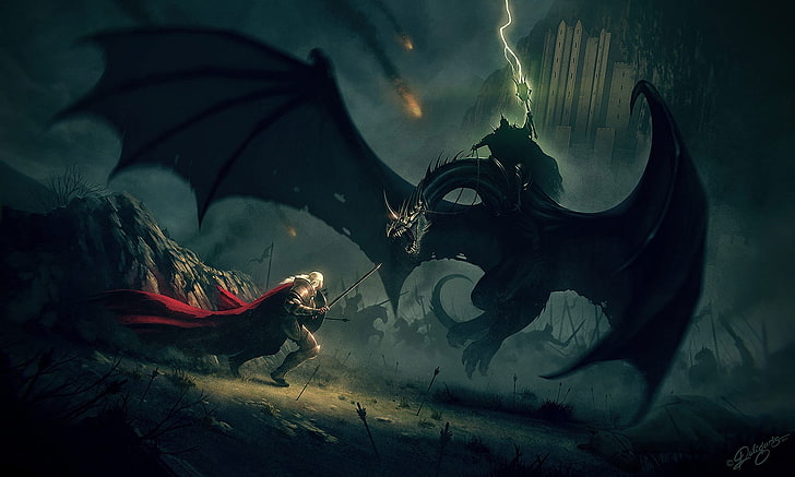 knight fighting dragon graphic, magic, the Lord of the rings, HD wallpaper