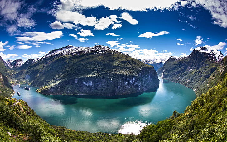 the sky, water, clouds, mountains, ships, Norway, the fjord
