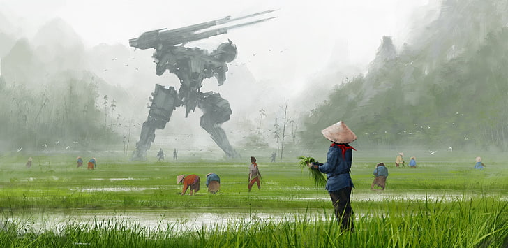 illustration, landscape, robot, science fiction, Jakub Różalski, HD wallpaper