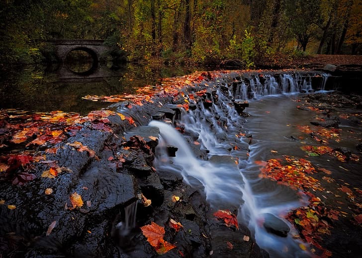 autumn, forest, bridge, Park, river, waterfall, cascade, Ohio, HD wallpaper