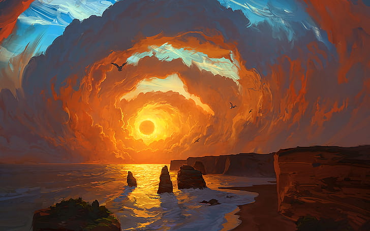landscape, sea, sunset, clouds, painting, artwork, digital art