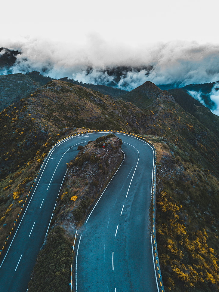 green mountain, madeira, road, clouds, mountains, Portugal, Twist