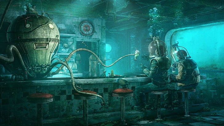 two divers in underwater restaurant in front of robot digital artwork