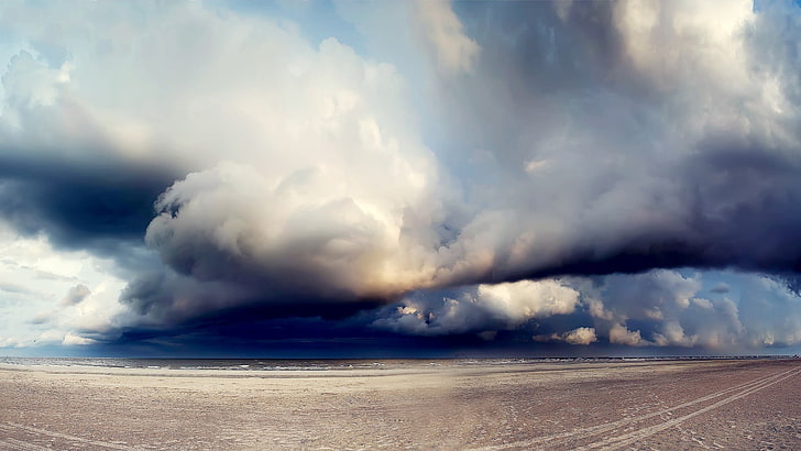 sky, sea, storm, anime, beach, clouds, cloud - sky, beauty in nature, HD wallpaper
