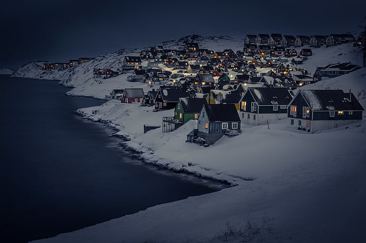 black and blue concrete houses, dark, landscape, night, winter