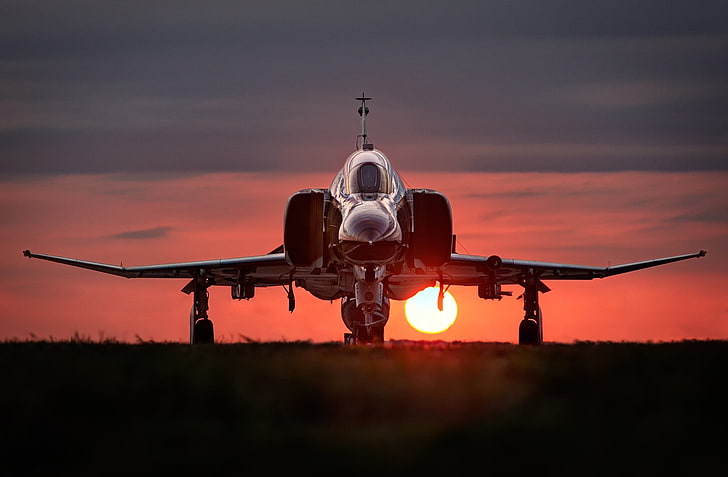 gray airplane, aircraft, F-4 Phantom II, sunset, military aircraft, HD wallpaper