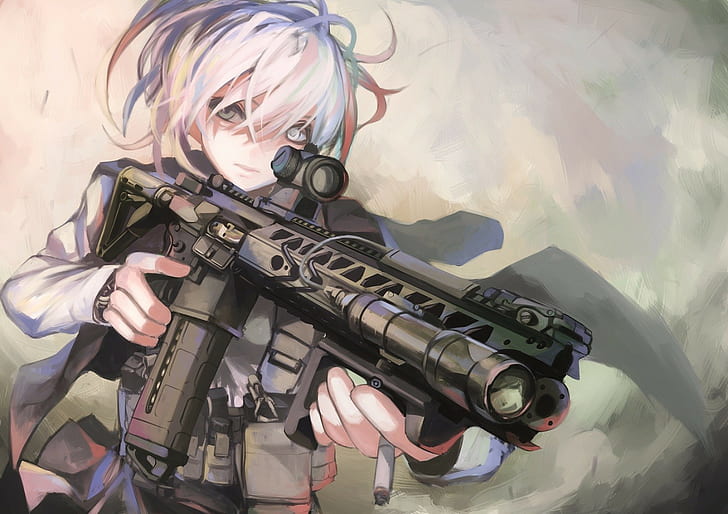 LVOA-C, short hair, white hair, weapon, gun, AR-15, anime girls