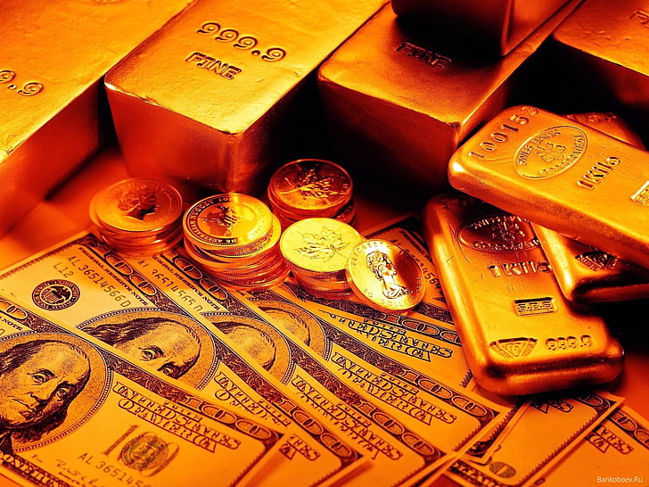 gold plate and coin lot, money, ingot, currency, finance, wealth, HD wallpaper