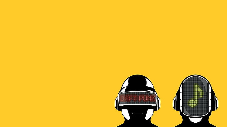 two person wearing VR goggles illustration, Daft Punk, yellow