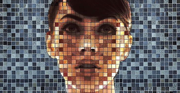 woman mosaic portrait, digital art, looking at camera, headshot