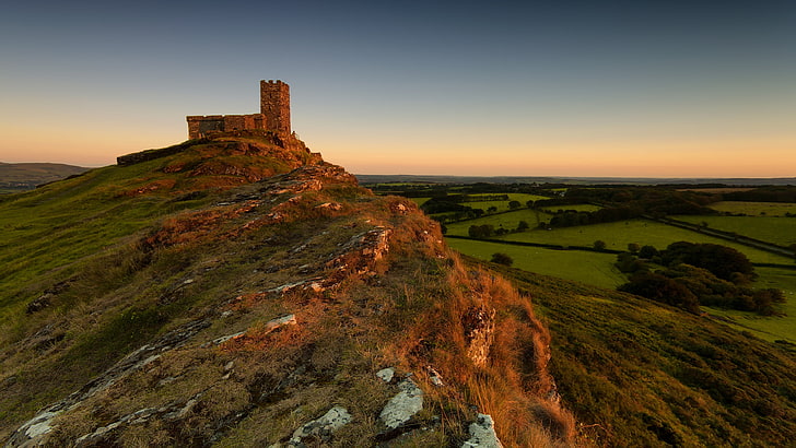 brown castle, landscape, church, England, national park, hill, HD wallpaper