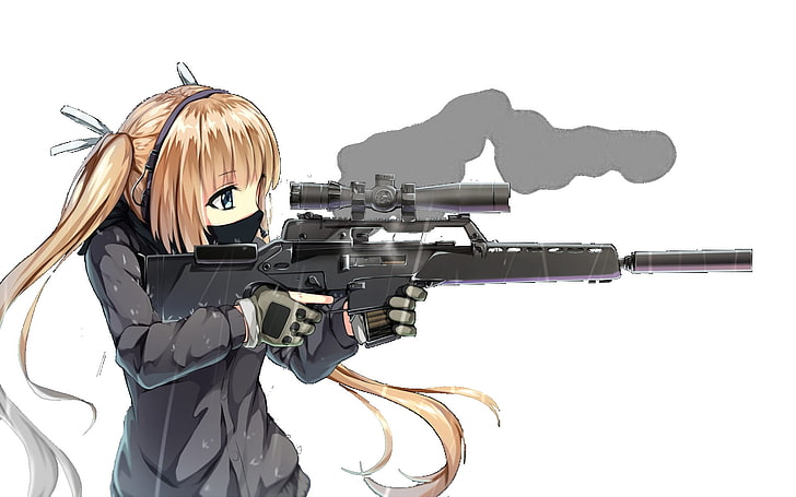 woman with brown haired holding rifle, anime, gun, Guns GirlZ