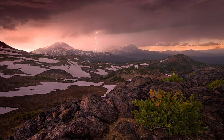 white snow-capped mountain, landscape, nature, mountains, lightning