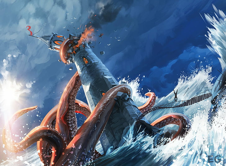 Fantasy, Sea Monster, Kraken, Lighthouse, water, nature, real people, HD wallpaper