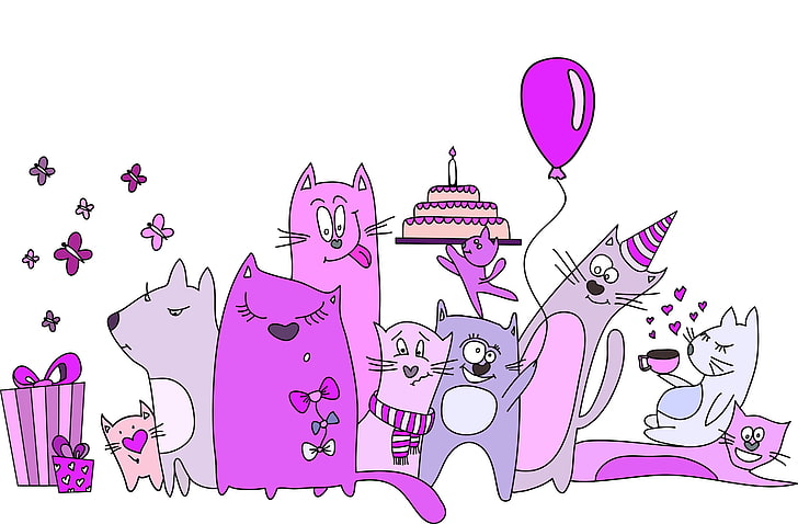 cat cartoon characters illustration, butterfly, balloon, cats, HD wallpaper