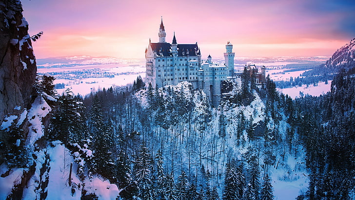 snow, stunning, picturesque, schwangau, purple sky, europe, HD wallpaper