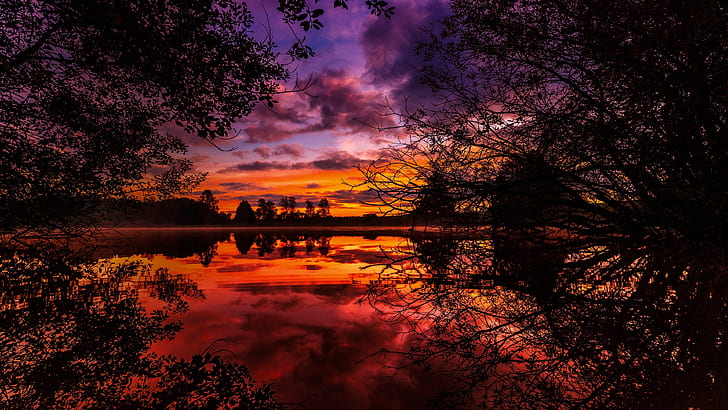 reflection, dusk, sunset, lake, orange sky, scenic, evening, HD wallpaper
