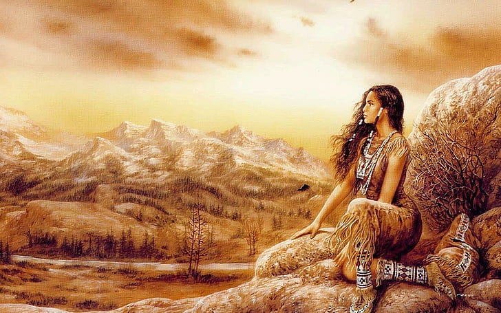 landscape, Luis Royo, fantasy girl, fantasy art, Native Americans