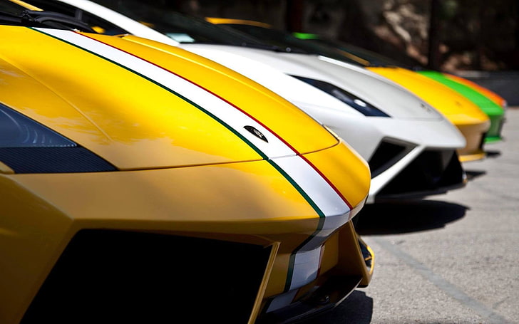 close up photo of five assorted-color racing cars, Lamborghini, HD wallpaper