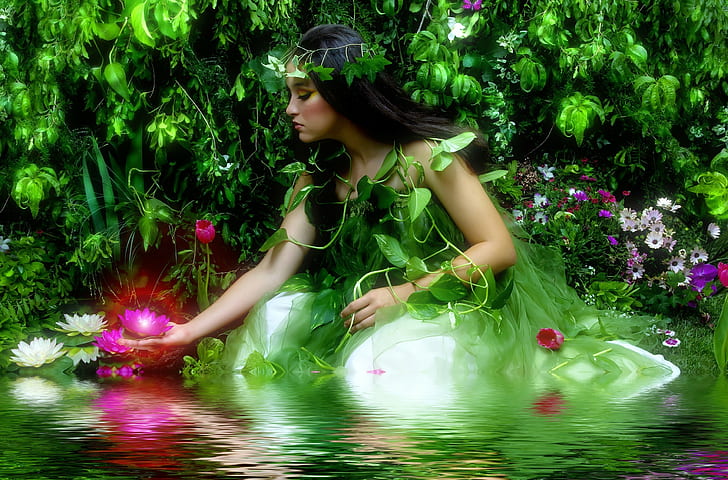 Fantasy, Fairy Tale, Girl, Water Lily, Pond, Beautiful, Flowers