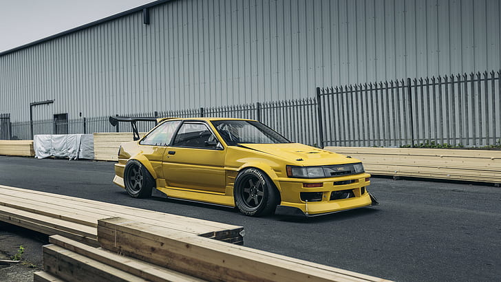 Toyota, AE86, Levin, car, yellow cars, vehicle, front angle view, HD wallpaper