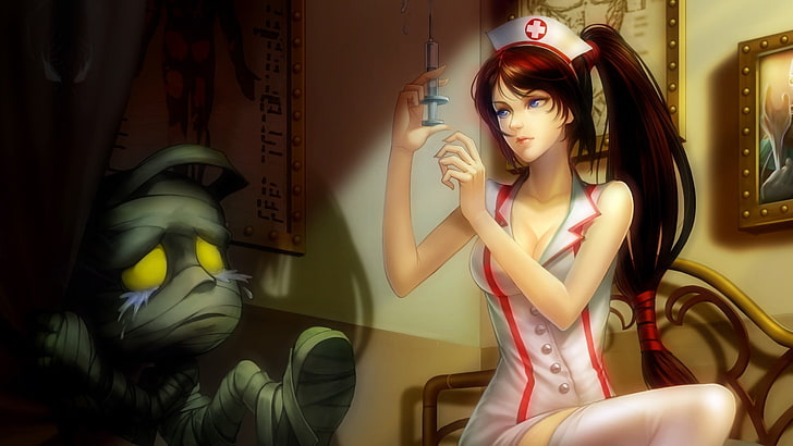 girl black haired anime character, League of Legends, Akali, nurses, HD wallpaper