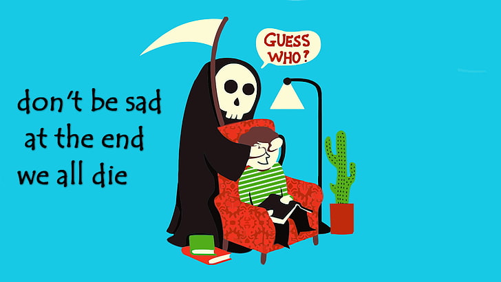 grim reaper covering eyes of boy holding book on sofa chair illustration