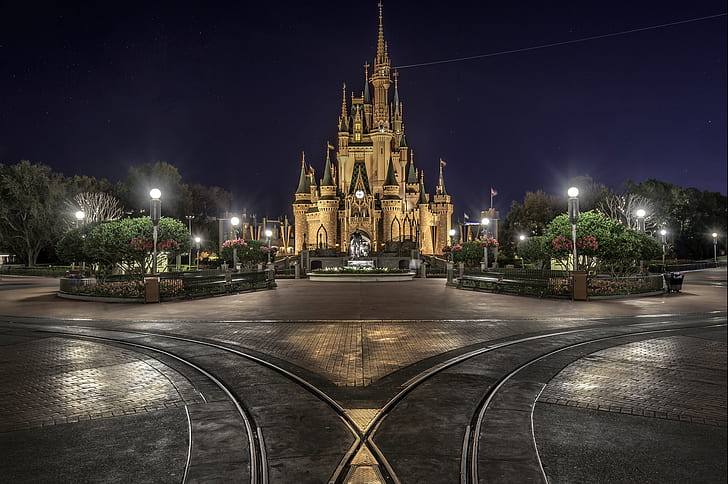 Disneyland, night, sky, theme parks, HD wallpaper