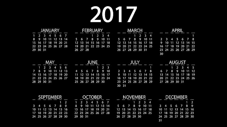 2017 calendar, black background, 2017 (Year), month, simple, communication, HD wallpaper